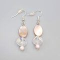 Shell Pierced Earrings Real Shell Glass Bead Dangle Silver tone 1.25"