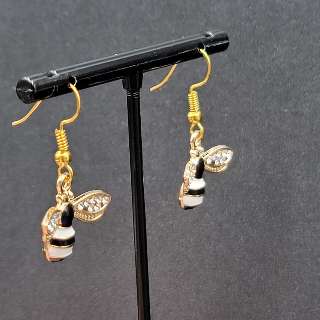 Bumble Bee Pierced Earrings Gold tone Rhinestone White Enamel Dangle New 5/8"