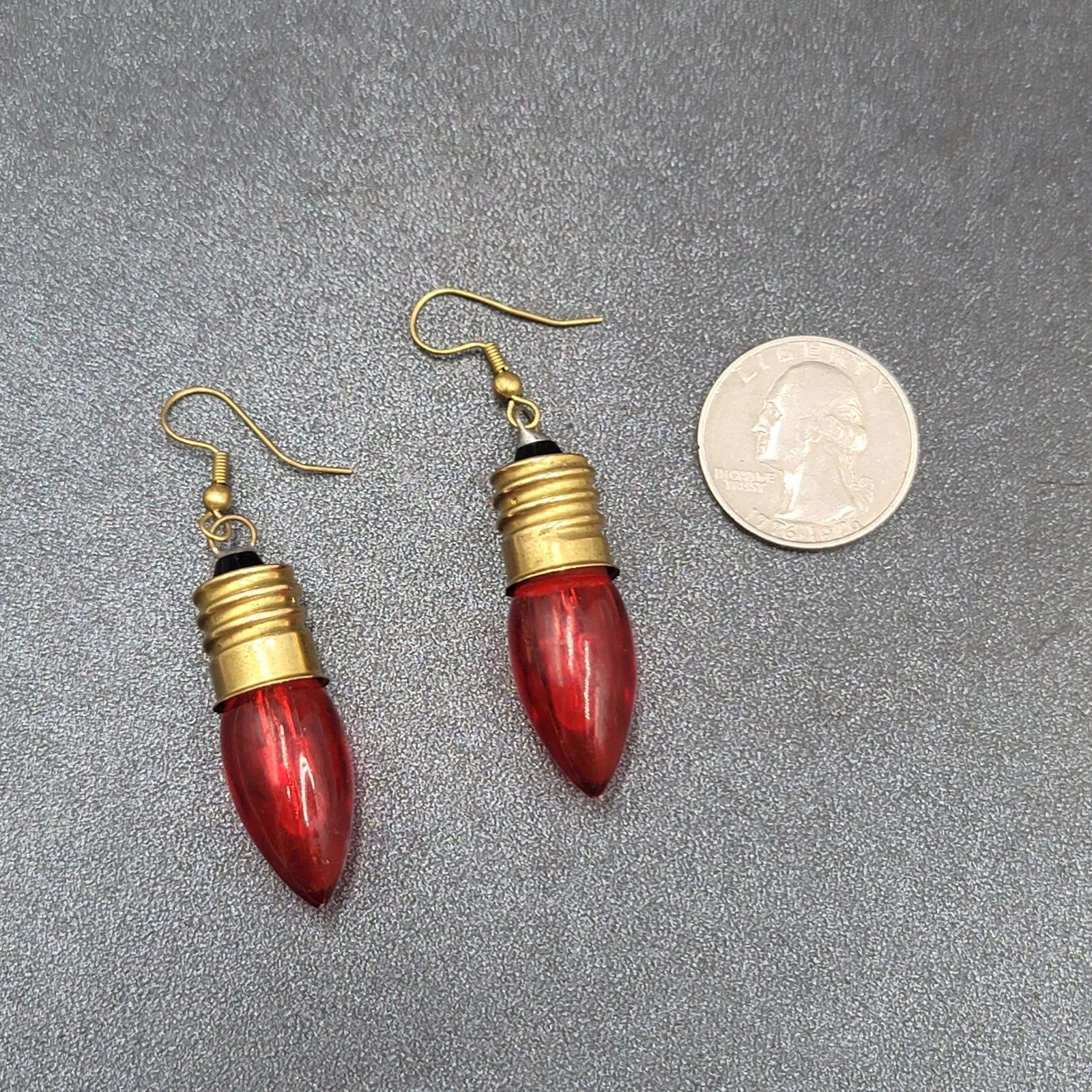 Christmas Pierced Earrings Gold tone Red Christmas Bulbs 1.75"
