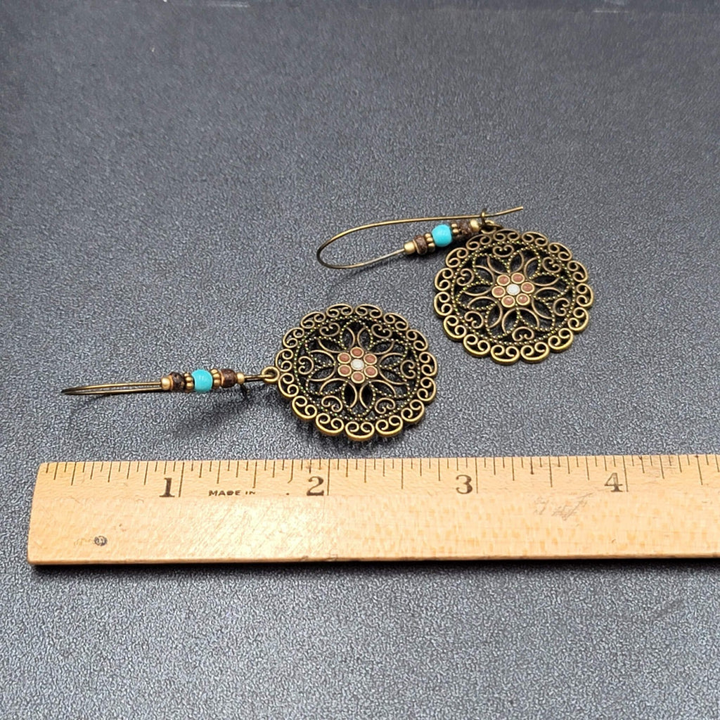 New Boho Pierced Earrings Antiqued Gold tone Blue Beas Enamel Mandala 2.75"