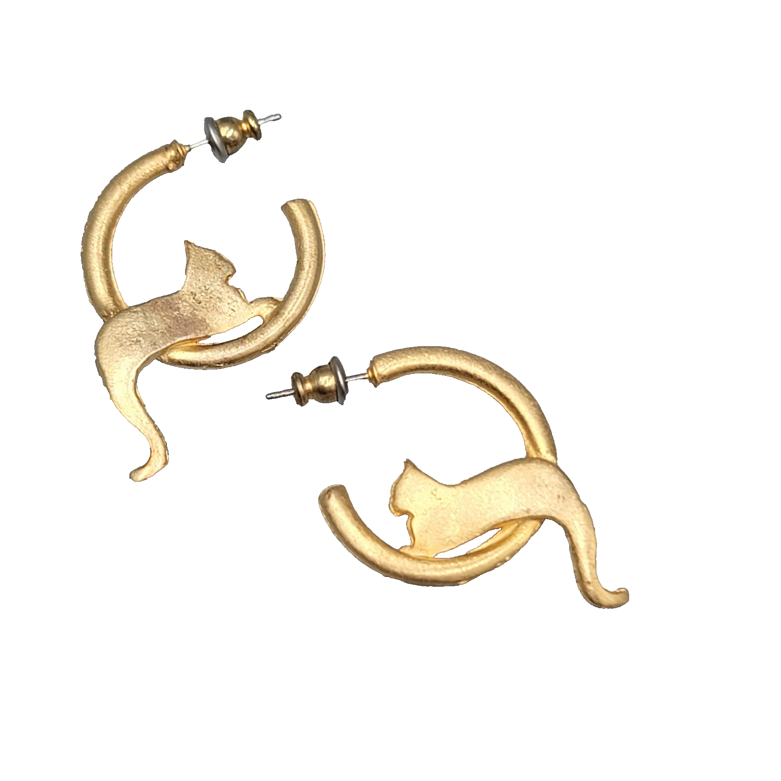 Vintage Kitty Cat Hoop Pierced Earrings Gold Plated 1"