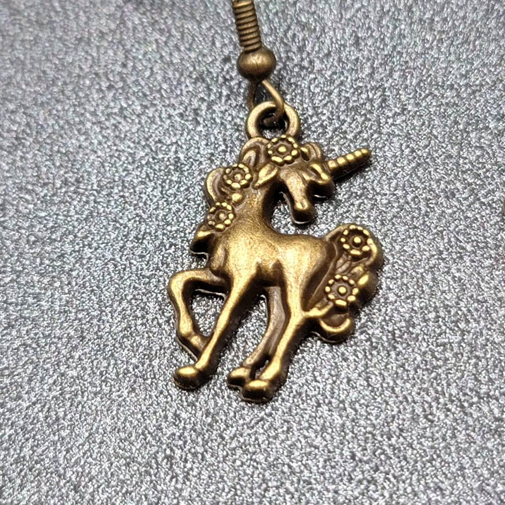 Unicorn Pierced Earrings Bronze tone Dangle 7/8" NEW