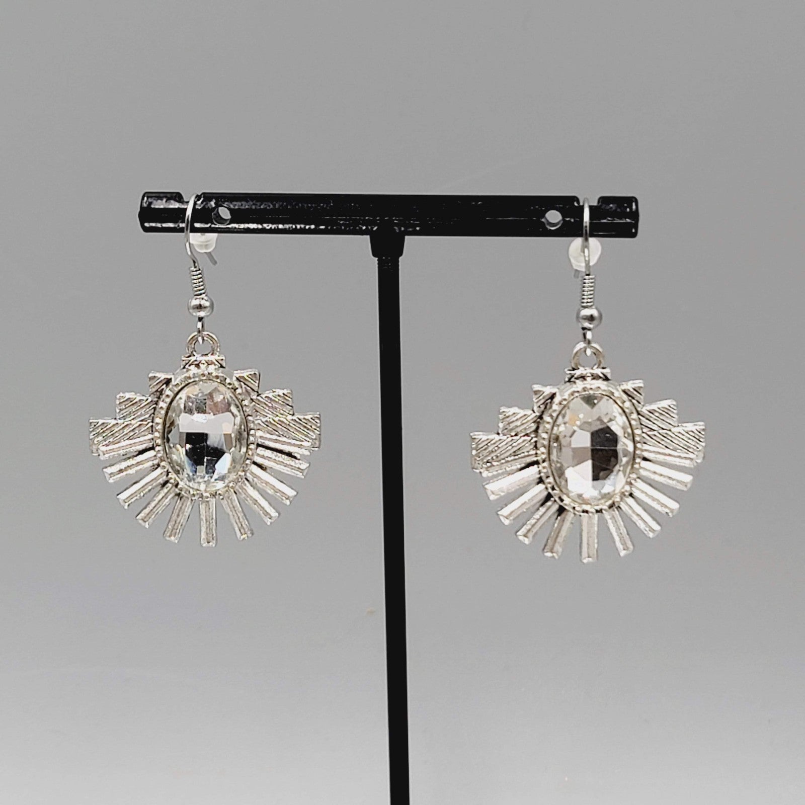 Statement Rhinestone Pierced Earrings Silver tone Dangle 1 1/8"