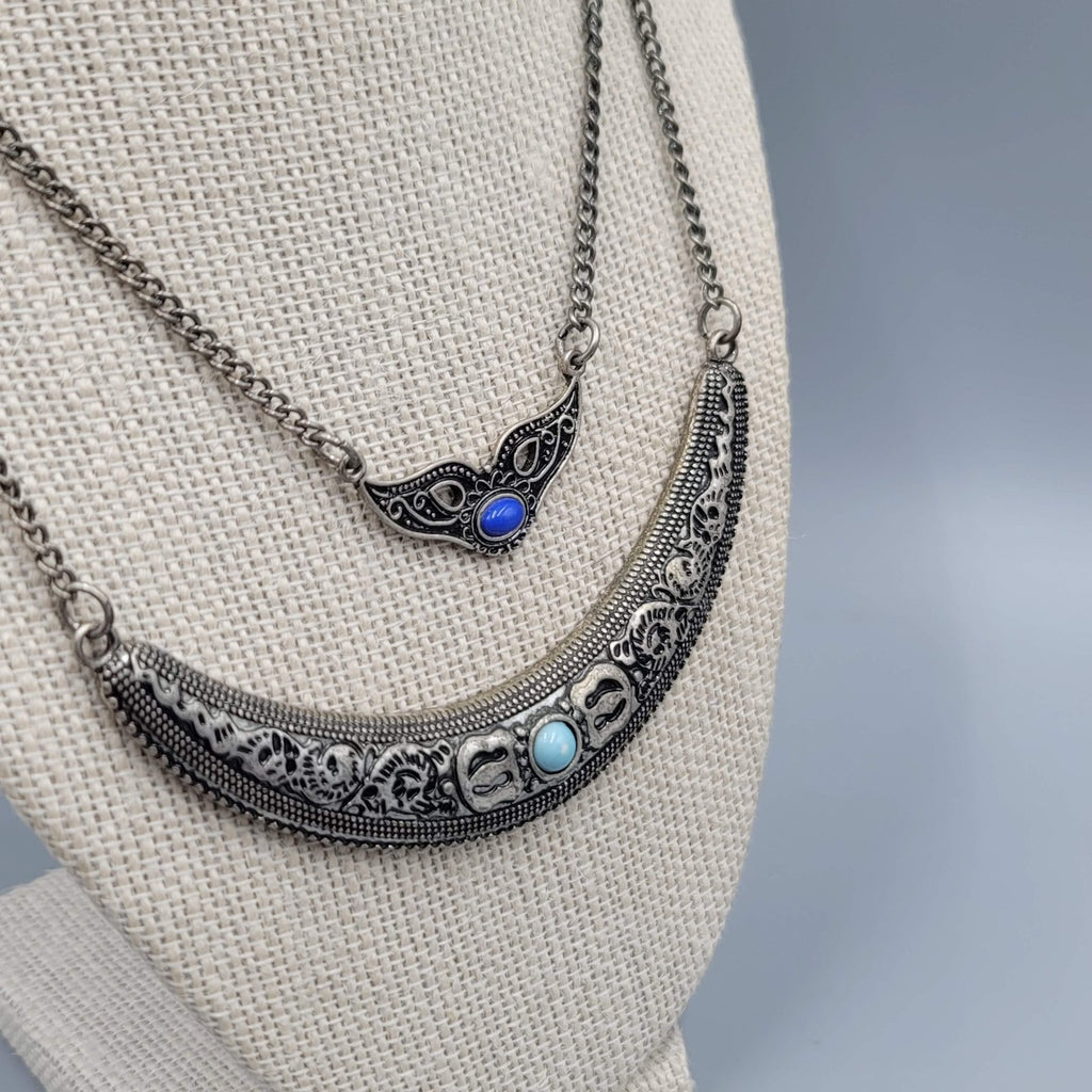 Boho Statement Necklace Silver Tone Turquoise Layered Crescent Pendant 16"-18"