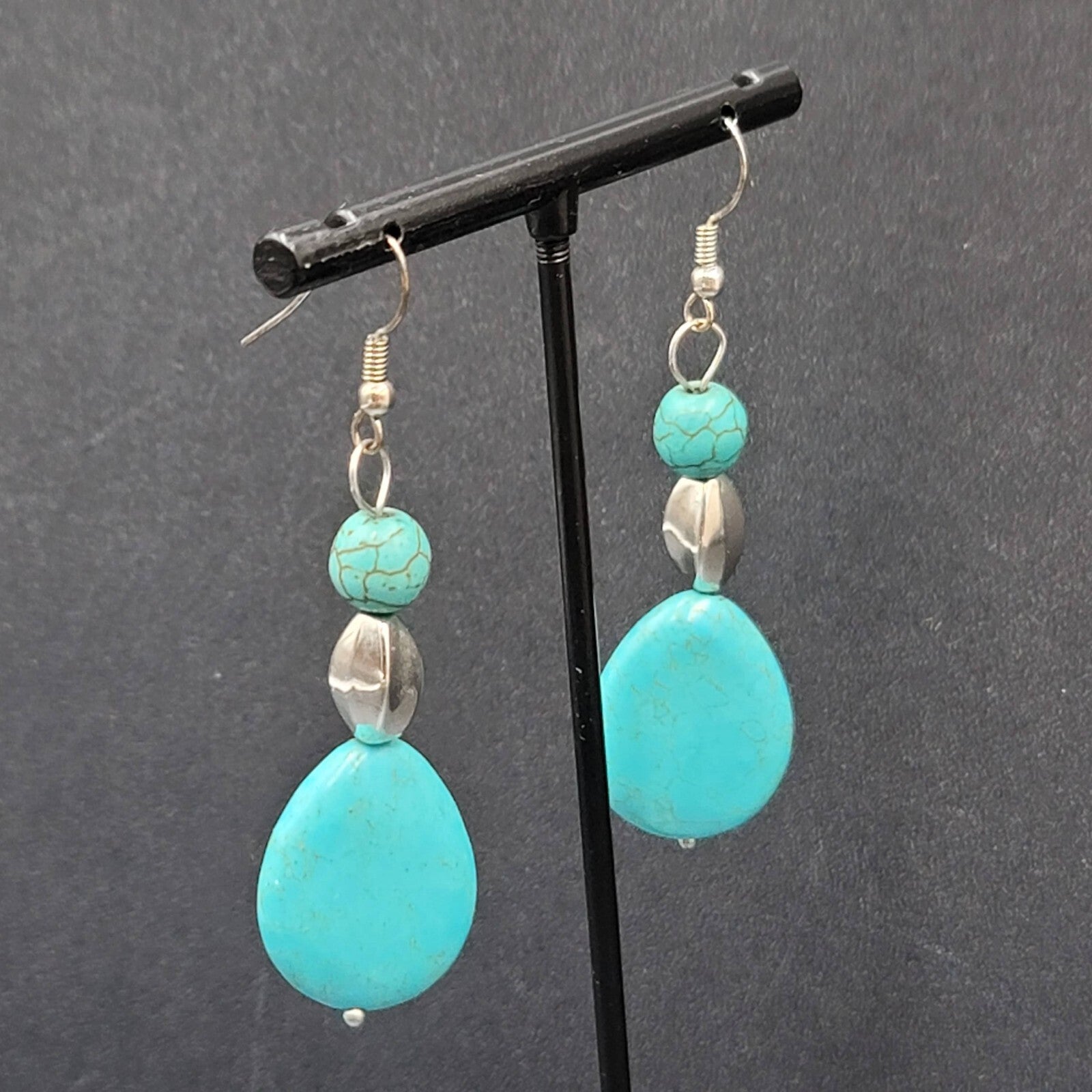 Pierced Earrings Silver tone Dyed Blue Howlite Teardrop Stone Beads 2"