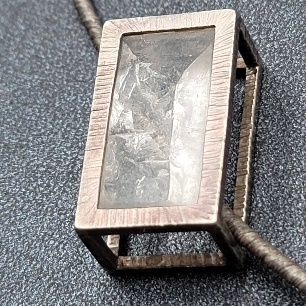 Quartz Crystal Necklace Unique Silver tone Caged Pendant Modernist Look 16.25"