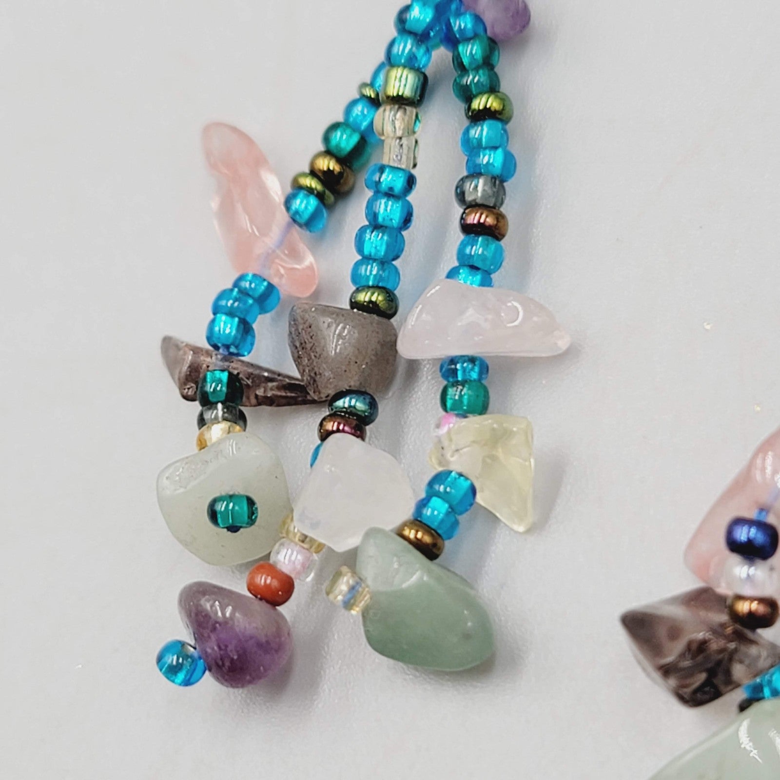 Bohemian Dangle Pierced Earrings Gemstone Chips Seed Bead Silver tone 1.75"