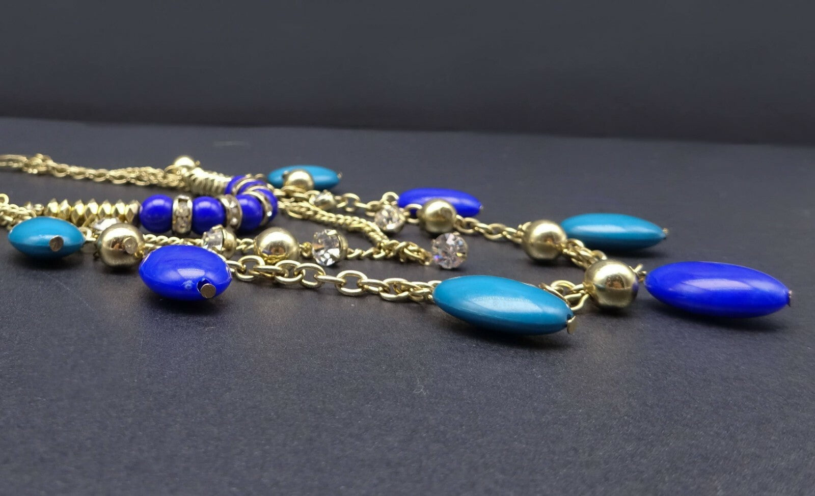 Signed VCLM Necklace Gold tone Multi Layer Blue Bead Chain Long 28" - 31"