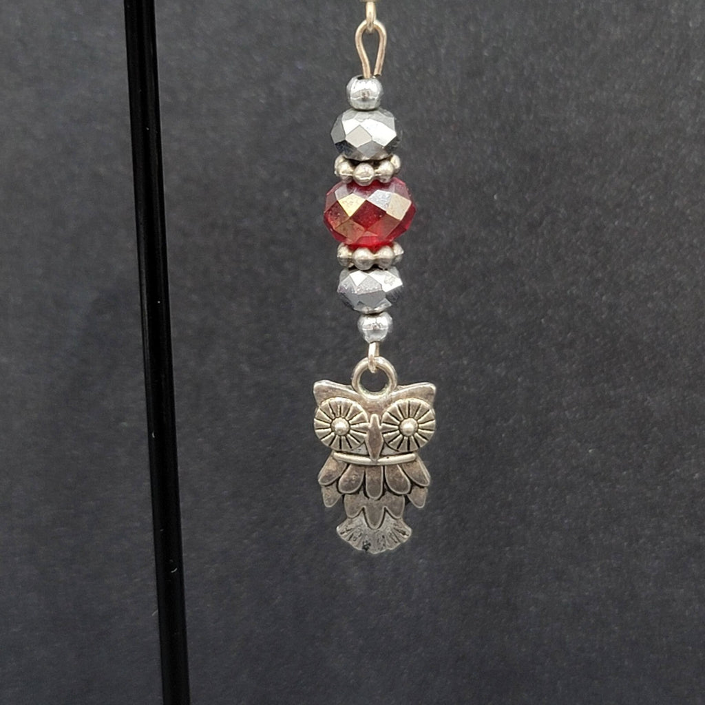 Owl Pierced Earrings Silver tone Red Bead Dangle 2"