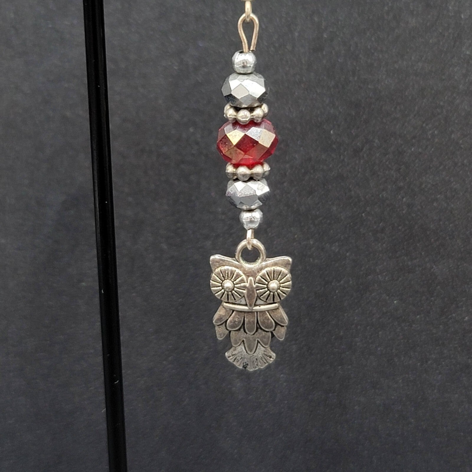 Owl Pierced Earrings Silver tone Red Bead Dangle 2"