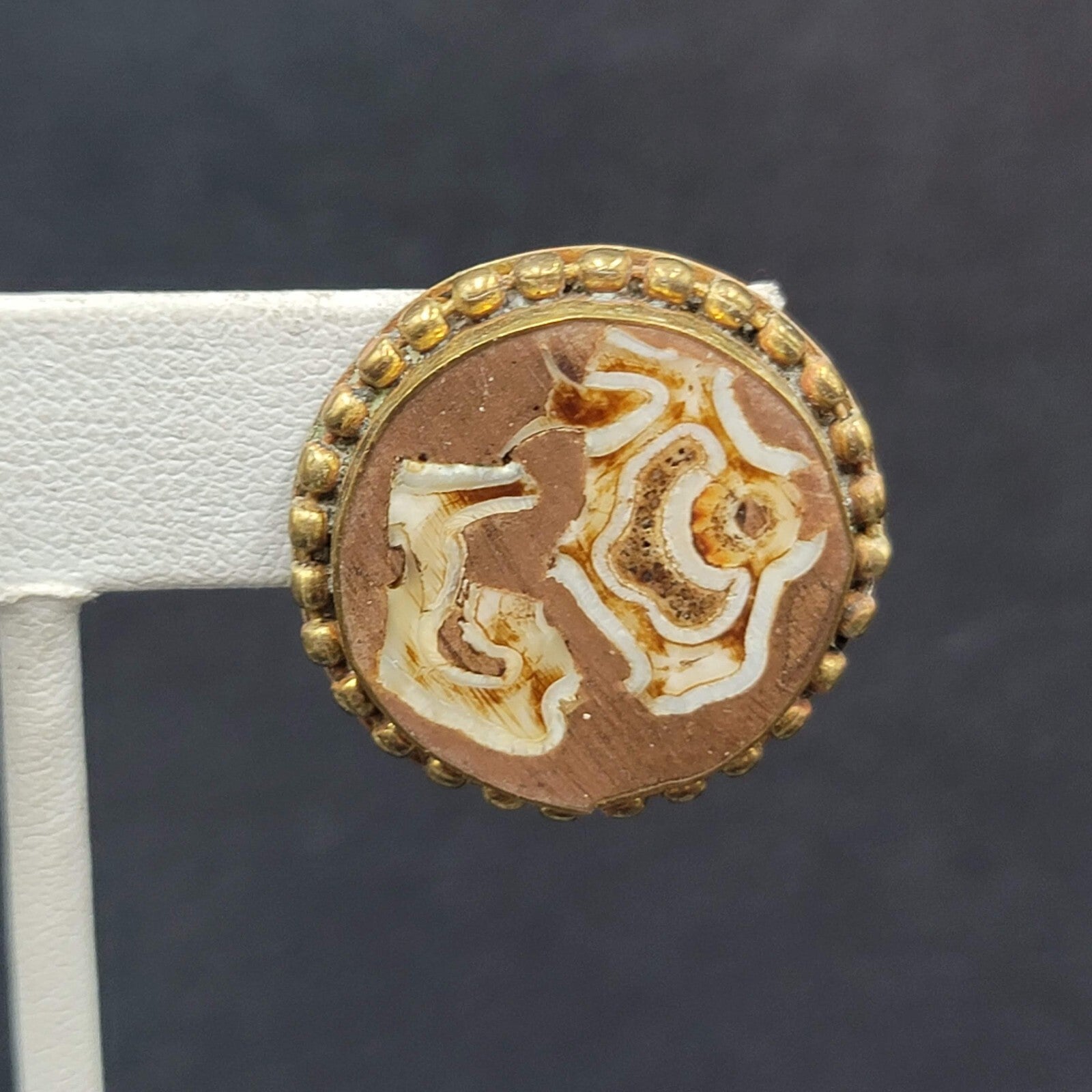 Vintage Clip on Earrings Brass Wood Stone Inlay Unique Discs  1"