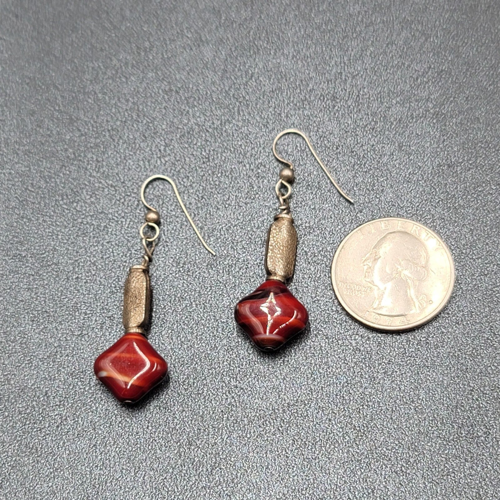 Pierced Earrings Silver tone Red Art Glass Square Bead Dangle 1.25"