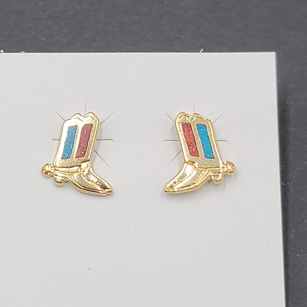Vintage Pierced Earrings Gold tone Cowboy Boots Inlay Studs 1/2"