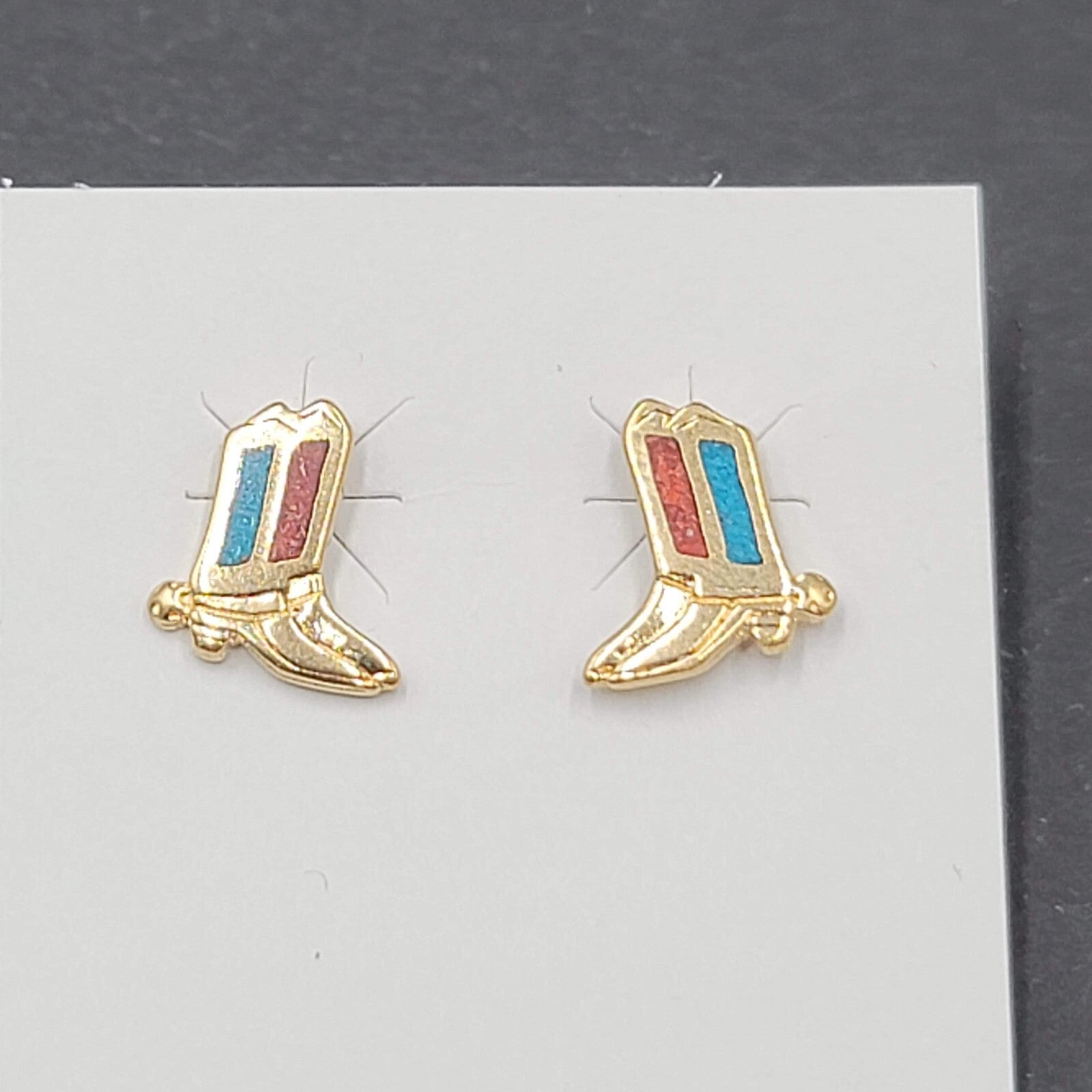 Vintage Pierced Earrings Gold tone Cowboy Boots Inlay Studs 1/2"