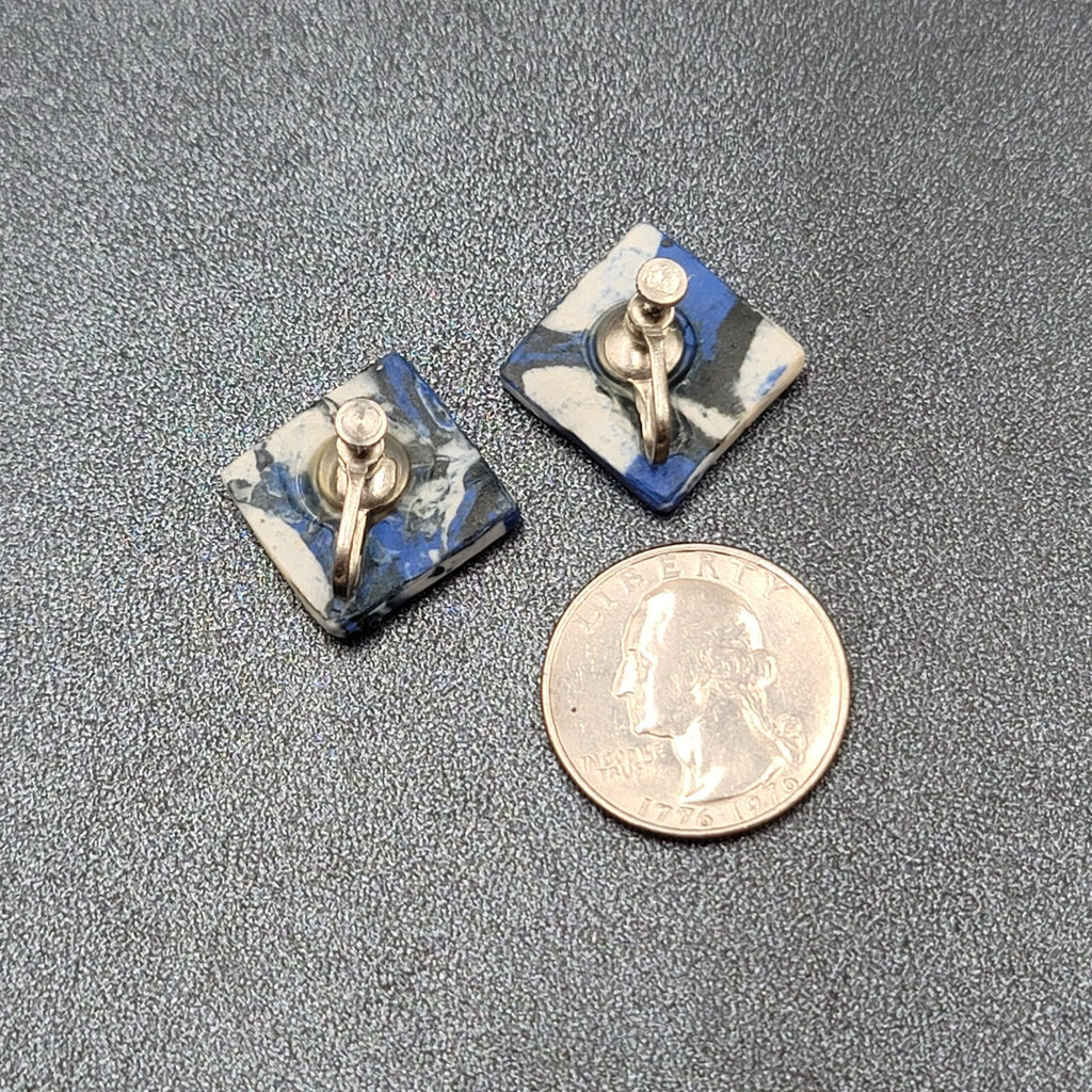 Vintage Clip on Earrings Blue Black White Polymer Clay Squares Screw Back 3/4"