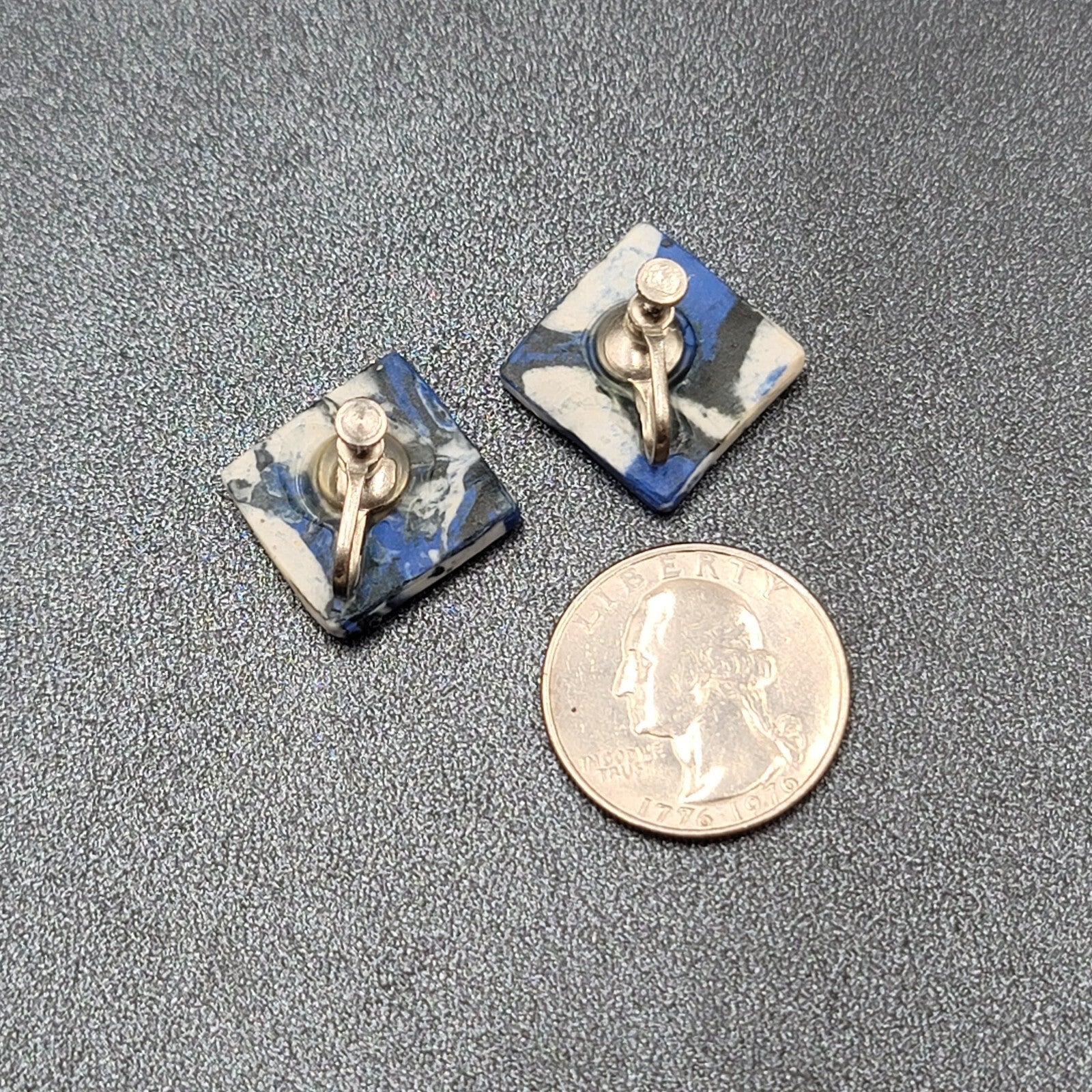 Vintage Clip on Earrings Blue Black White Polymer Clay Squares Screw Back 3/4"