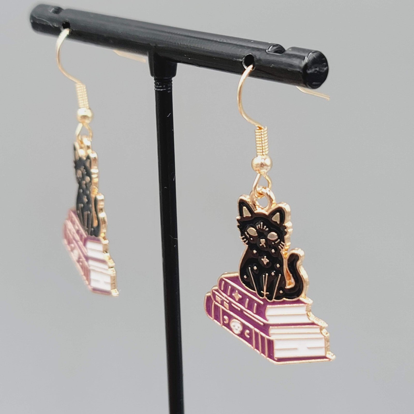 Black Cat Purple Books Pierced Earrings Enamel Gold tone Dangle New 1"