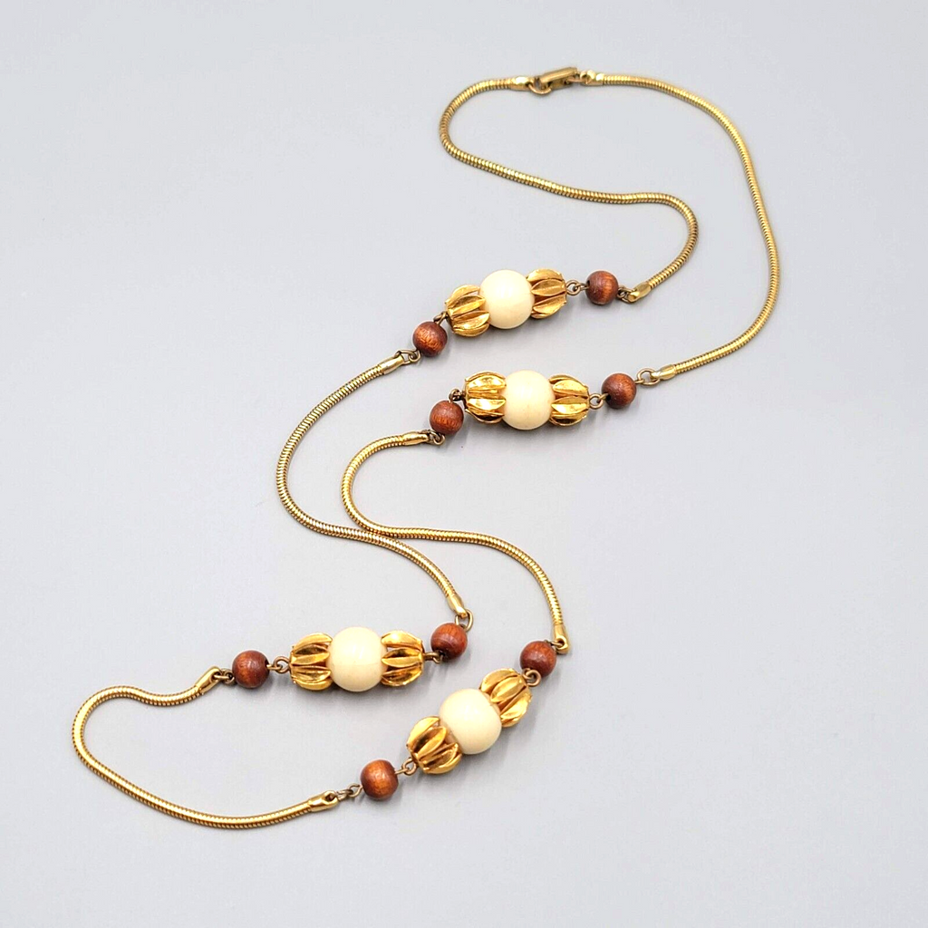 Vintage Long Station Wood Bead Necklace Snake Chain 34" Estate Costume Jewelry