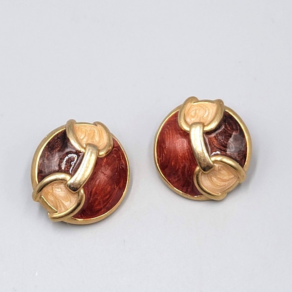Vintage Pierced Earrings Red Brown Enamel Gold tone Dome 1"