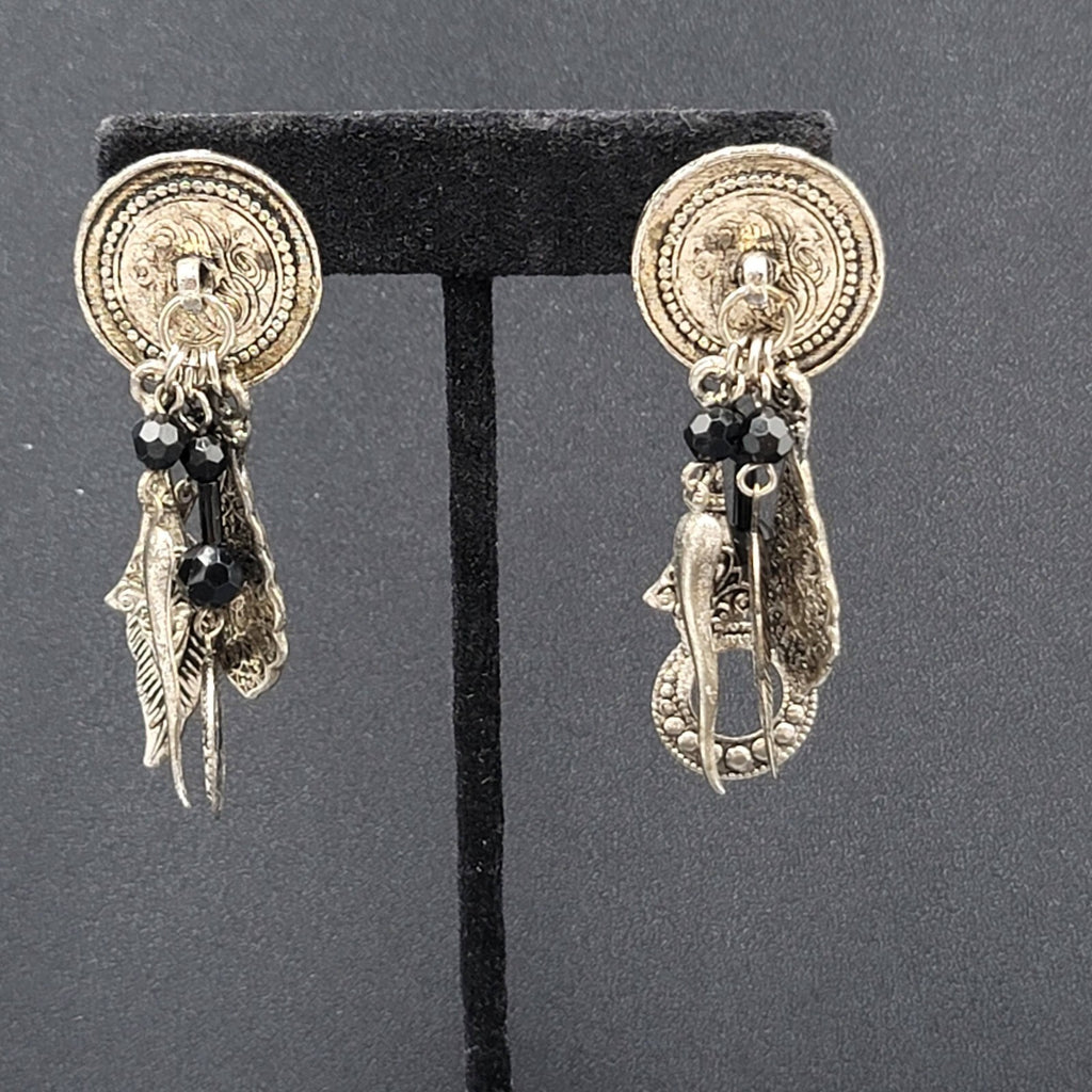 Boho Pierced Earrings Silver tone Black Beads Dangle Charms 2.25"