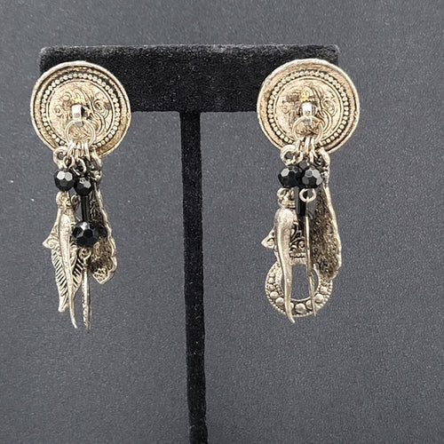 Boho Pierced Earrings Silver tone Black Beads Dangle Charms 2.25"