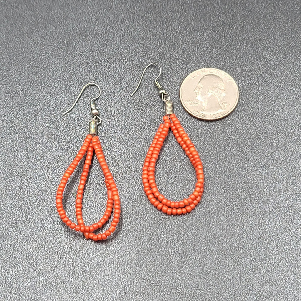 Pierced Earrings Red Seed Bead Double Teardrop Loops Dangle 2"
