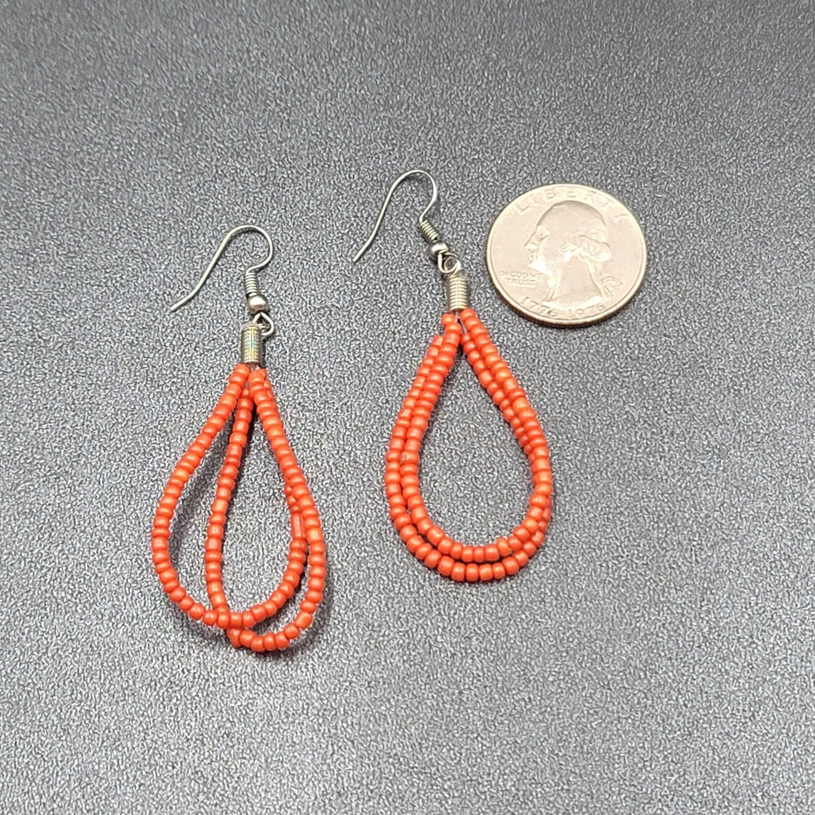 Pierced Earrings Red Seed Bead Double Teardrop Loops Dangle 2"