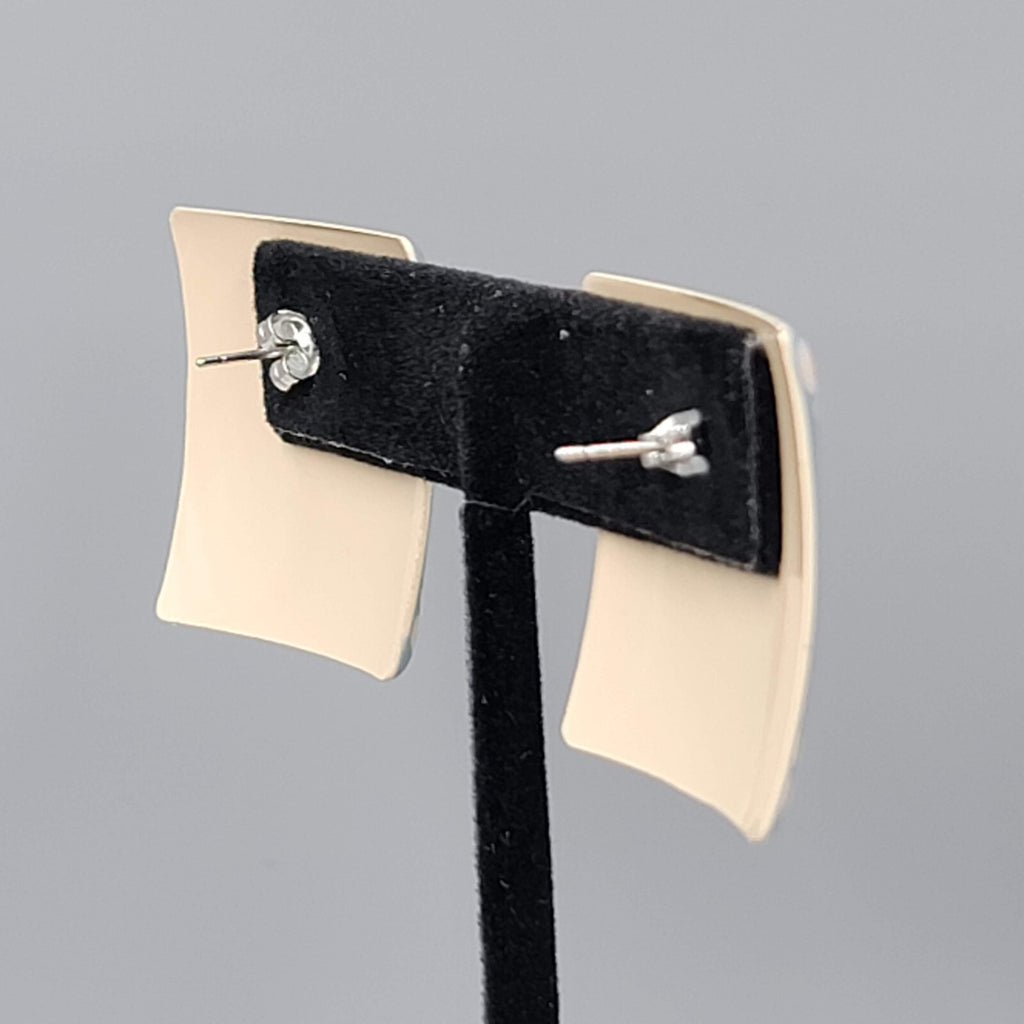 Vintage Pierced EarringsTan Blue Enamel over Metal Square Drop  1 1/8"