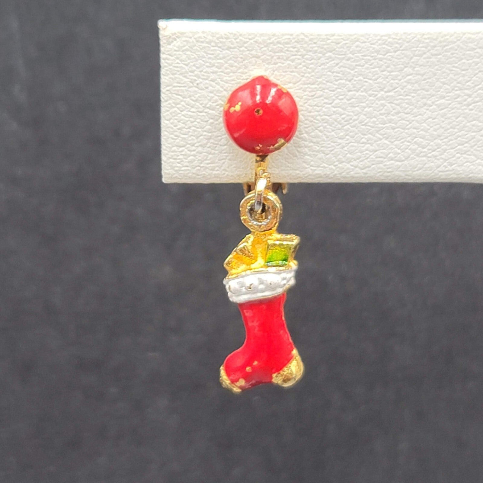 Vintage Christmas Clip on Earrings Gold tone Enamel Stocking Dangle 1"