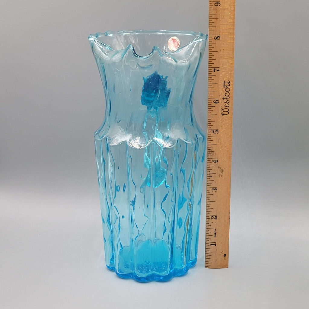 MCM Italian Empoli Ribbed Pillar Aqua Blue Art Glass Pitcher with Ice Lip 8"