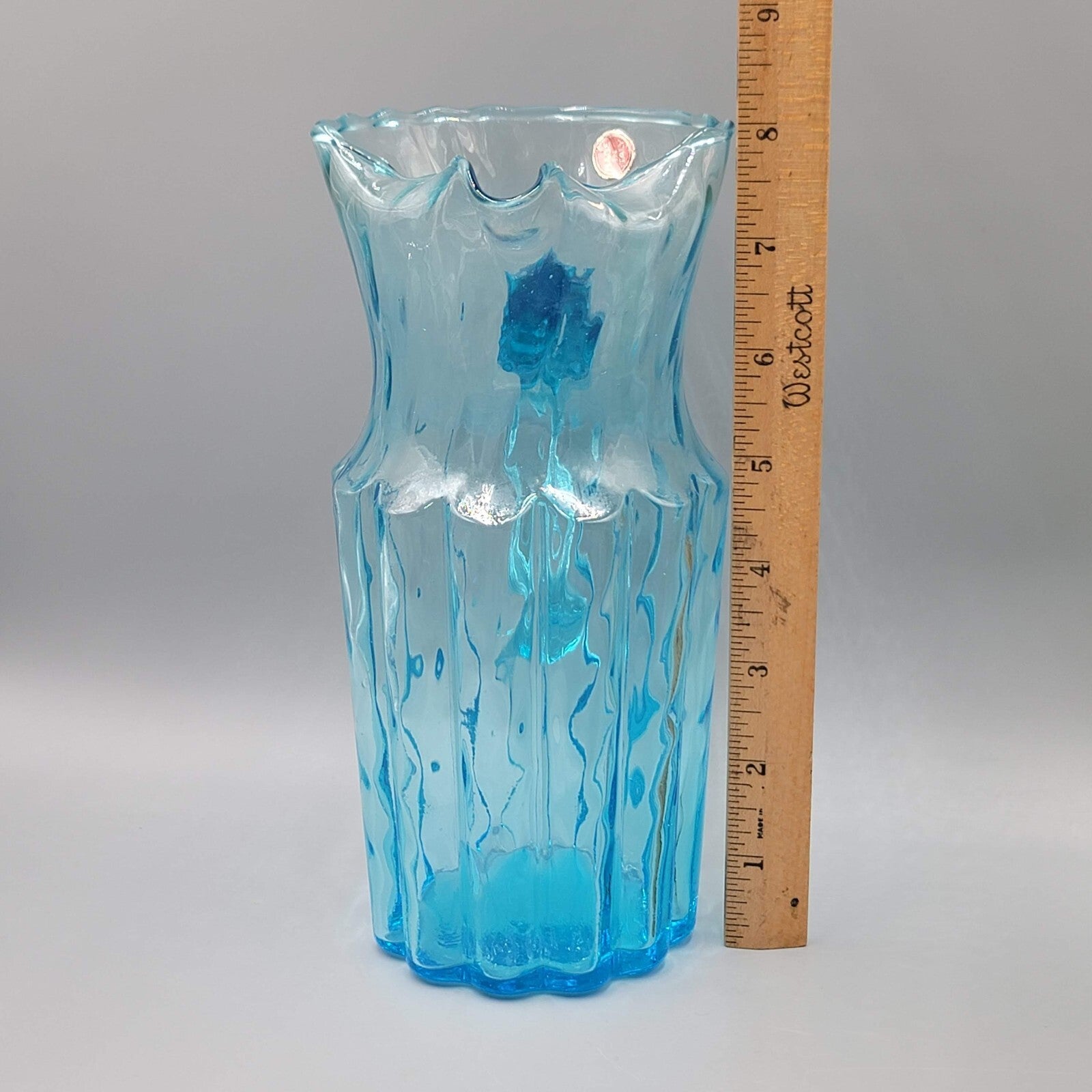 MCM Italian Empoli Ribbed Pillar Aqua Blue Art Glass Pitcher with Ice Lip 8"