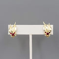 Vintage Red Rhinestone Clip on Earrings Gold tone Leaves 7/8"