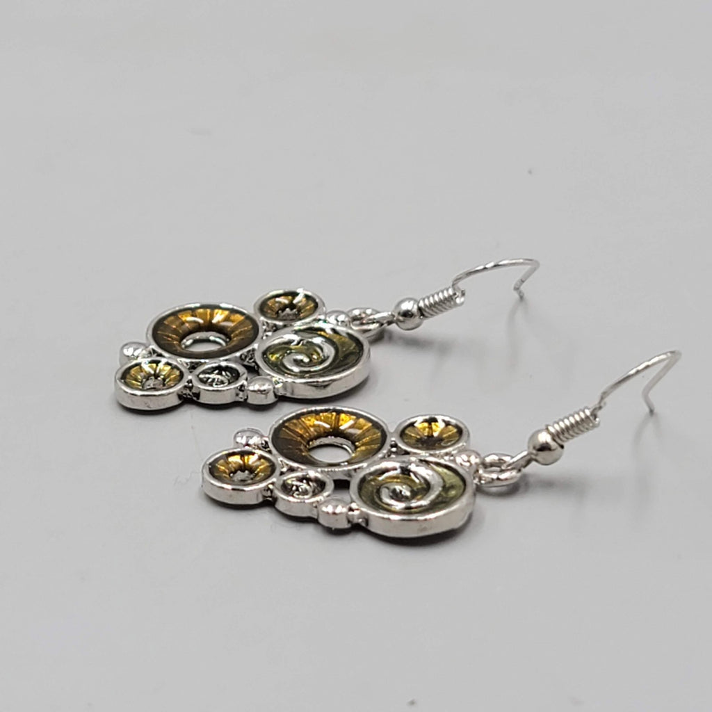 Green Swirl Enamel Pierced Earrings Silver tone Dangle   1"