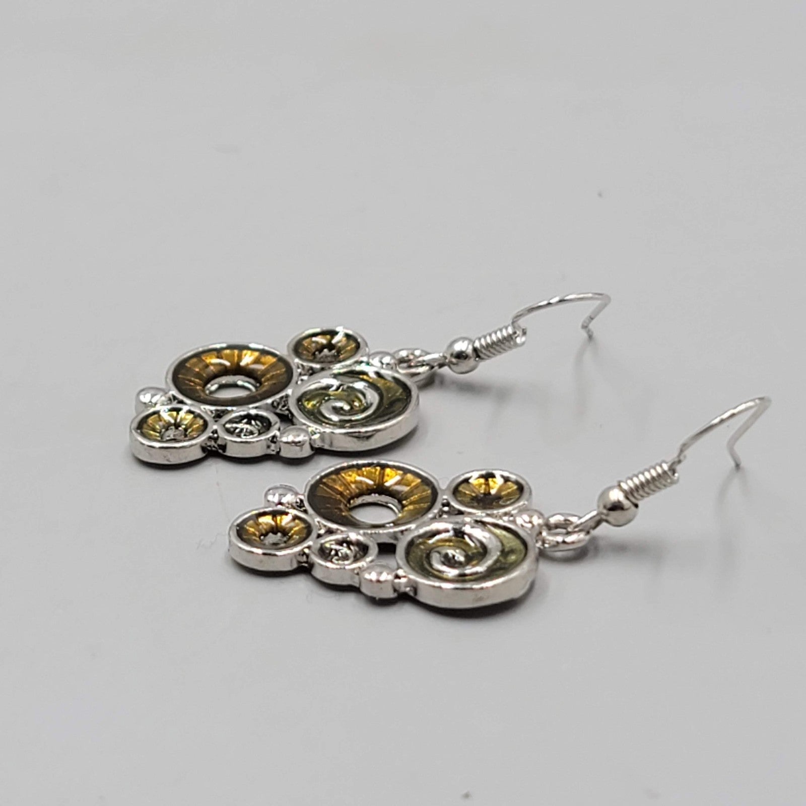 Green Swirl Enamel Pierced Earrings Silver tone Dangle   1"