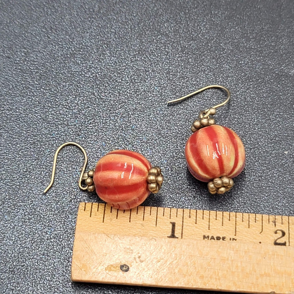 Pierced Earrings Gold tone Hand Painted Pottery Bead Dangle 3/4"