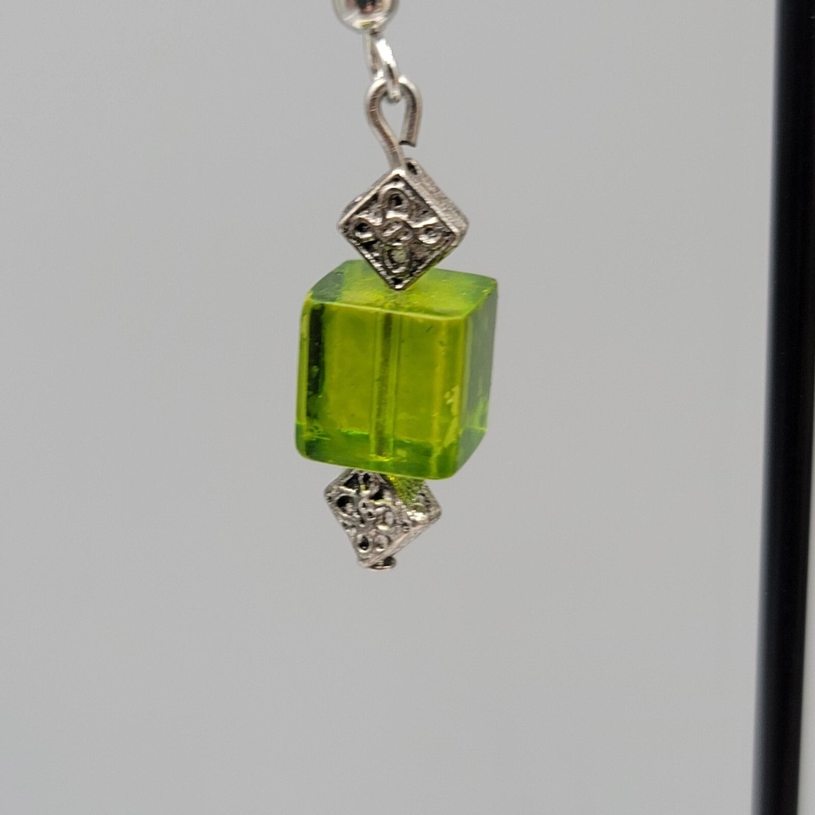 Pierced Earrings Square Green Glass Bead Silver tone Dangle 1"