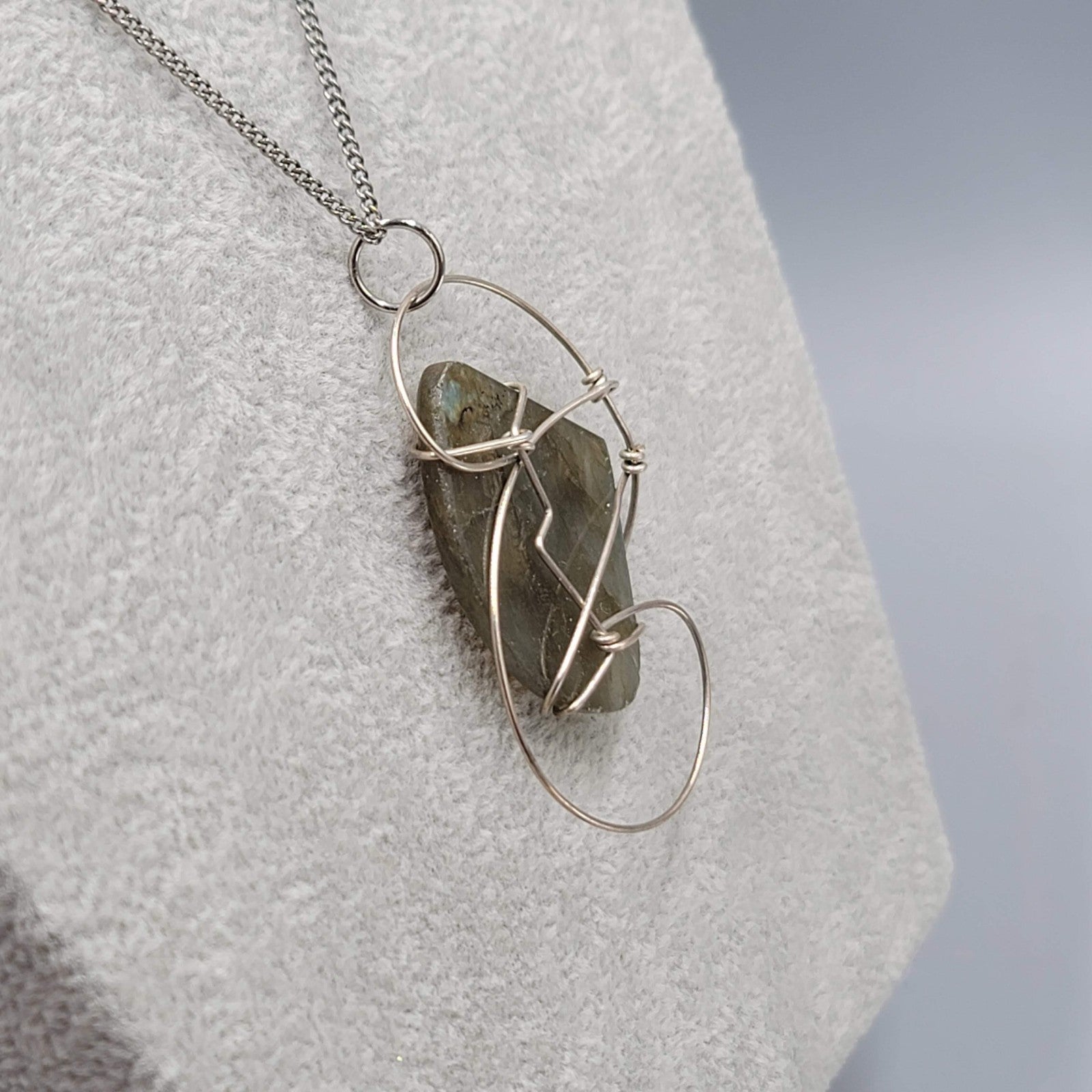 Labradorite Wire Wrapped Pendant Necklace Silver tone 24 in