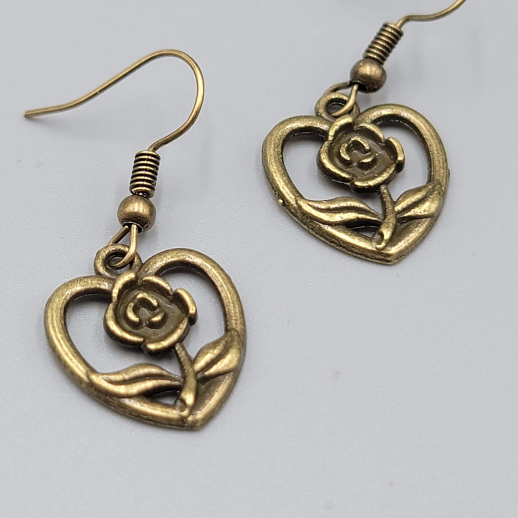 Rose Flower Heart Pierced Earrings Bronze tone Dangle NEW 5/8"