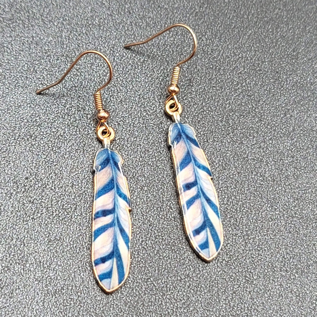 Metal Feather Pierced Earrings Blue White Striped Gold tone Dangle 1.5"
