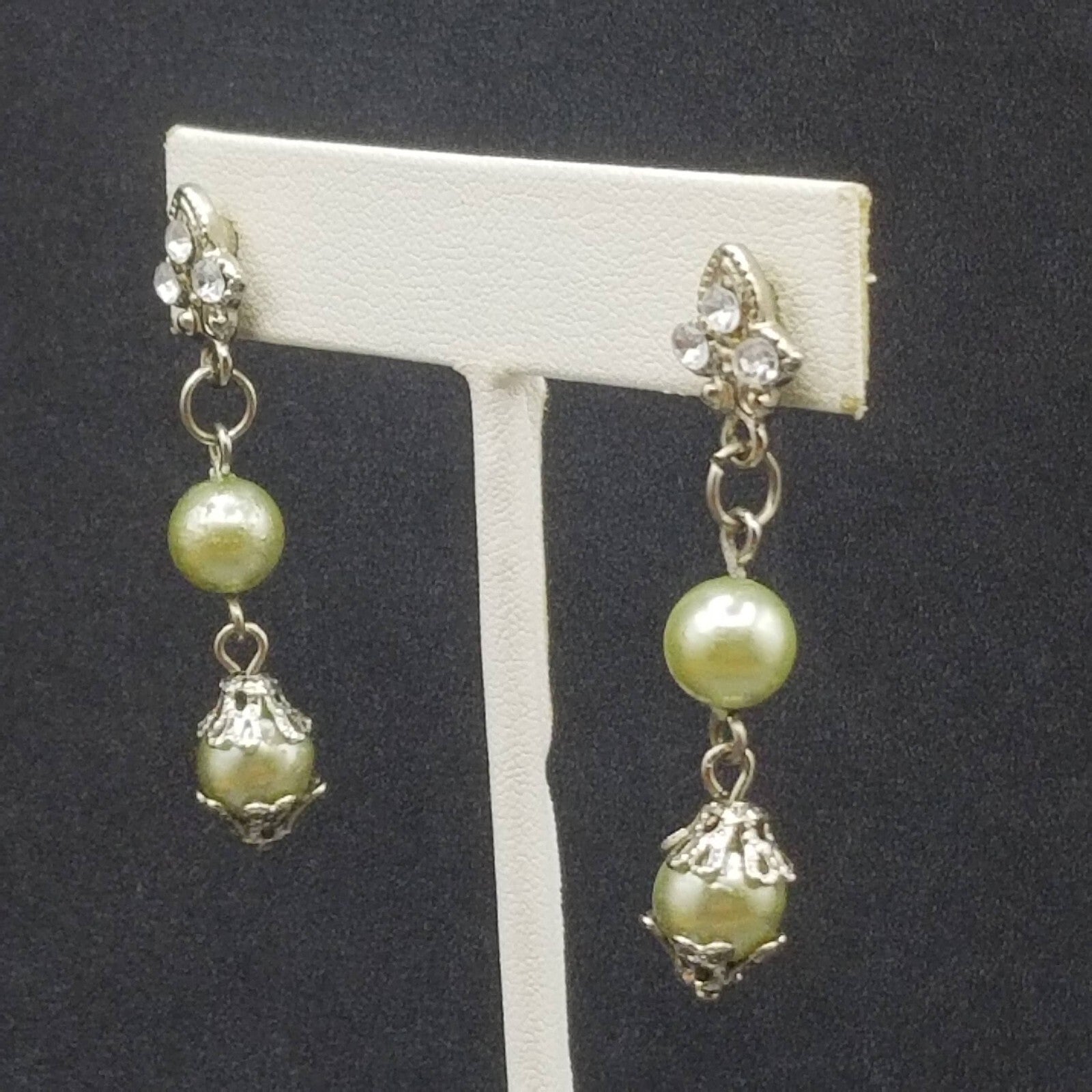 AVON Pierced Earrings Silver tone Capped Green Bead Dangle 1.75"