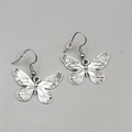 Butterfly Pierced Earrings Silver tone Embossed Dangle 3/4"