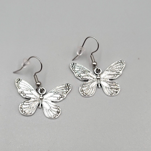 Butterfly Pierced Earrings Silver tone Embossed Dangle 3/4"