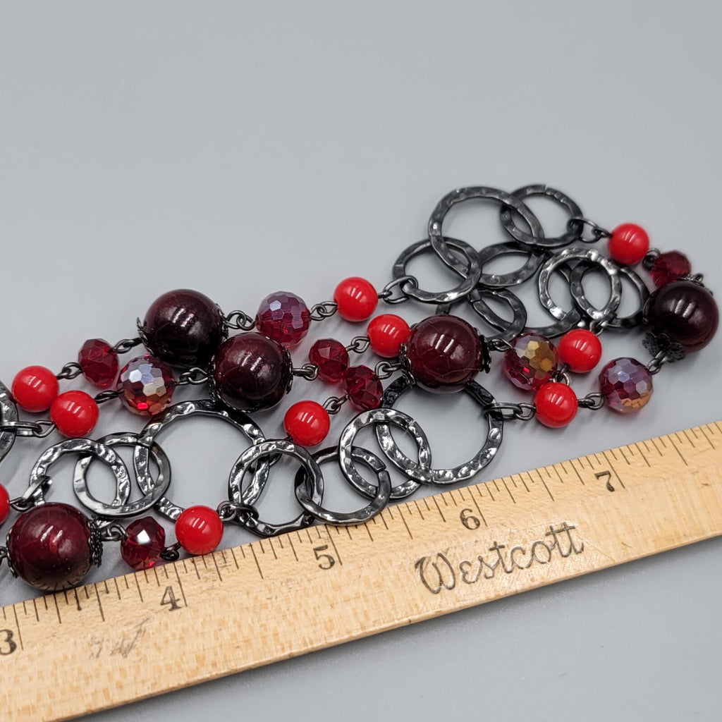 Premier Designs Necklace Black Metal Red Bead Statement Long 38"