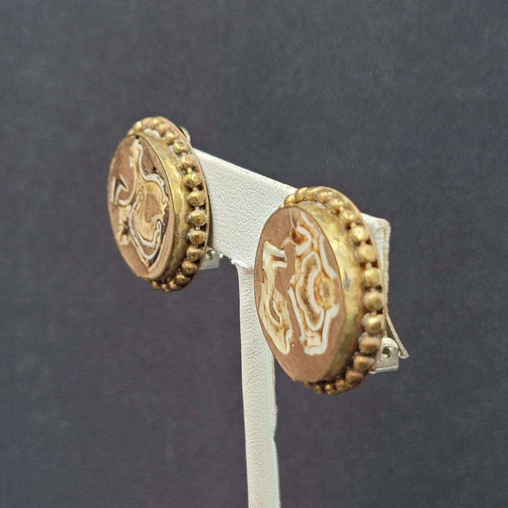 Vintage Clip on Earrings Brass Wood Stone Inlay Unique Discs  1"