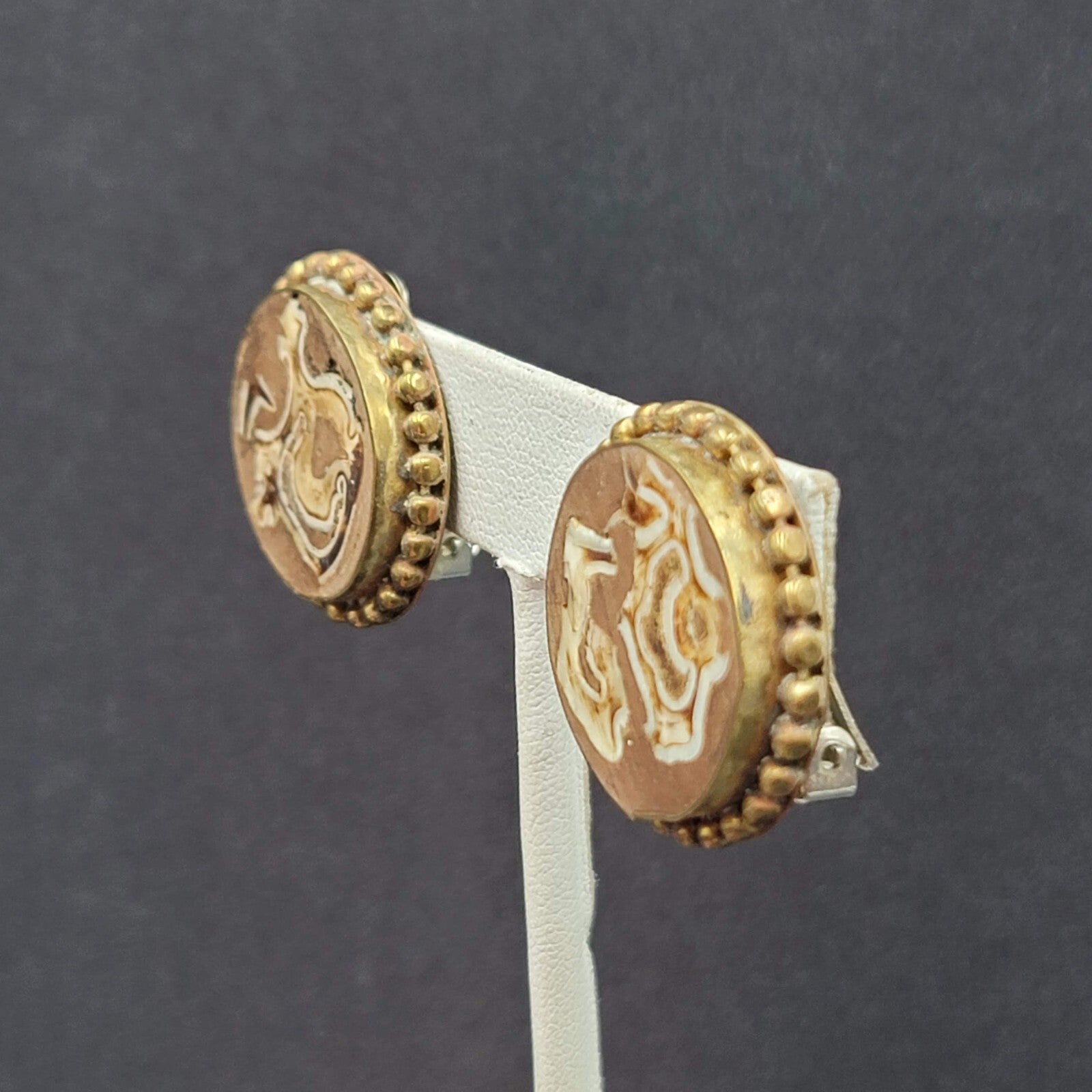 Vintage Clip on Earrings Brass Wood Stone Inlay Unique Discs  1"