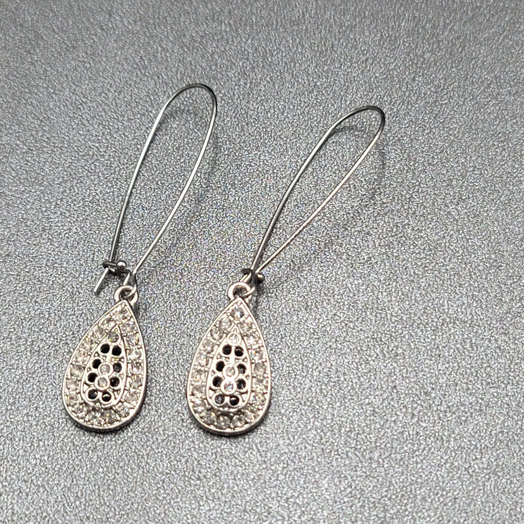 Pierced Earrings Gun Metal Gray Rhinestone Teardrop Sparkly! 2.25"
