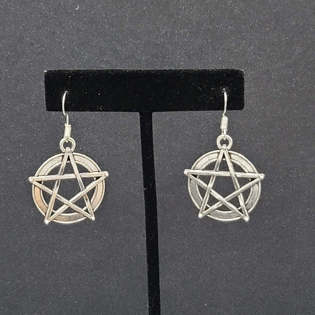 Pentacle Pierced Earrings Silver tone Witch Pentagram Dangle 1 1/8"