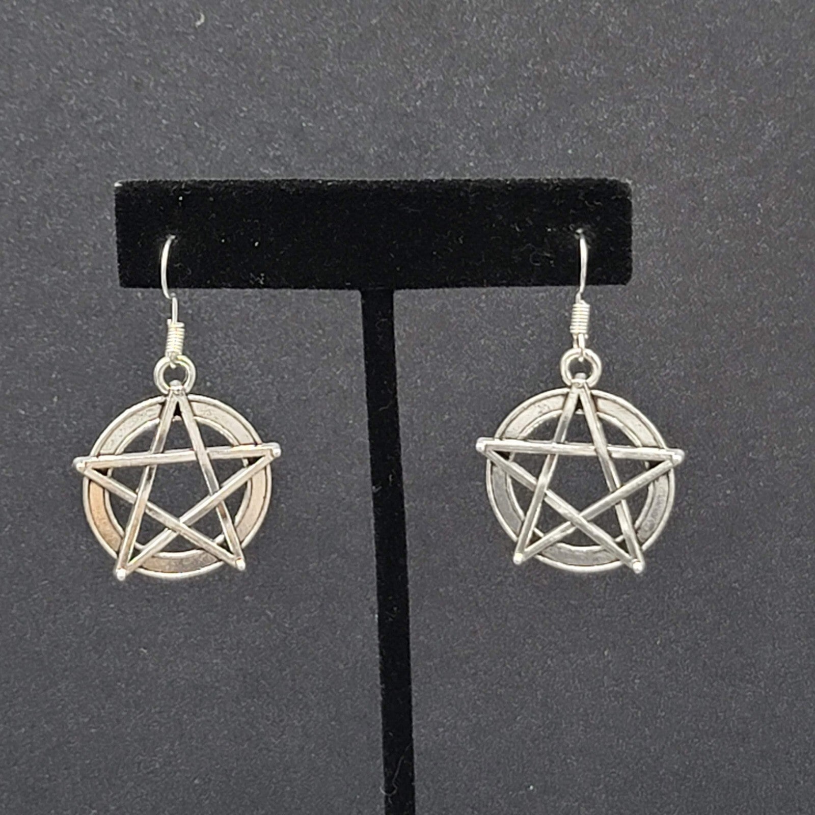 Pentacle Pierced Earrings Silver tone Witch Pentagram Dangle 1 1/8"