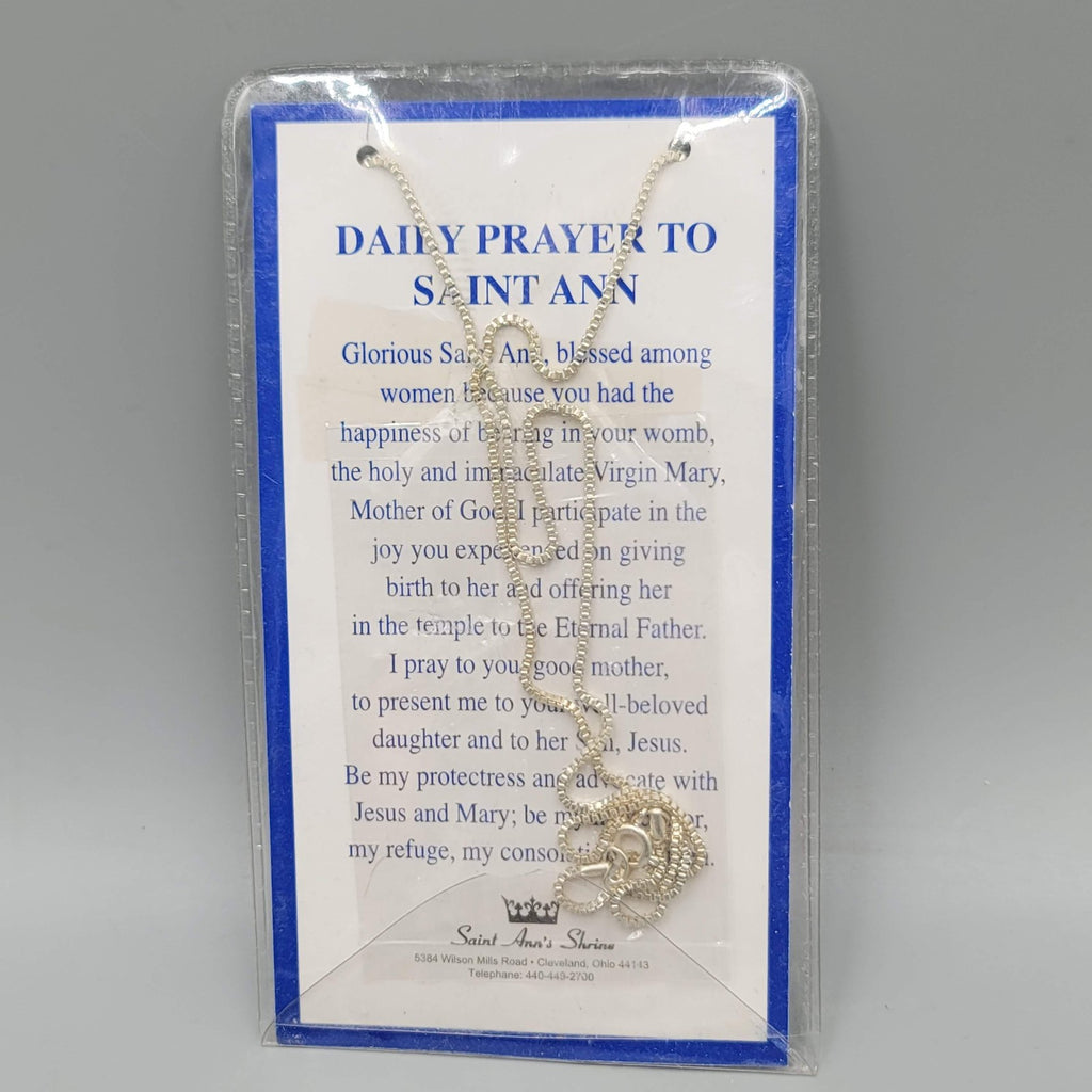 Saint Ann St Anne Medal Necklace with Prayer Card Catholic Silver Tone Shrine