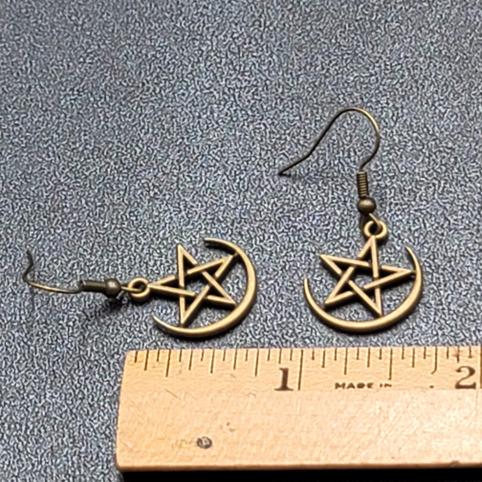 Pentagram Pierced Earrings Half Moon Star Bronze tone Dangle 3/4"